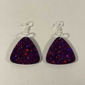 Purple Resin Chunky Glitter Dangle Earrings Rounded Triangle Shape NWT